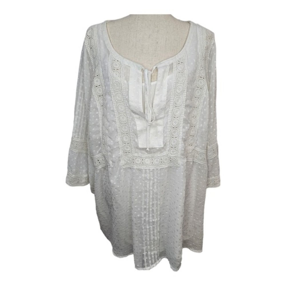 Avenue Long Sleeve Boho Lace Sheer Lined Swiss Dot White Blouse Size 22/24